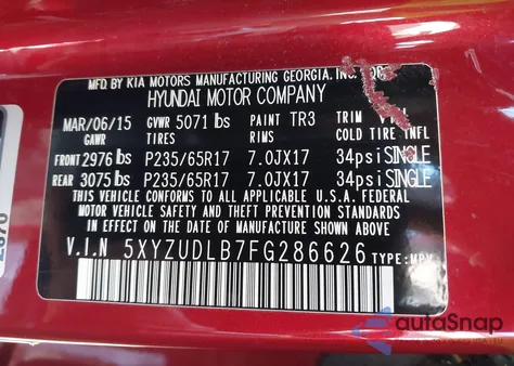 2015 Hyundai Santa Fe Sport 2.4L из США, поврежденный, VIN 5XYZUDLB7FG286626